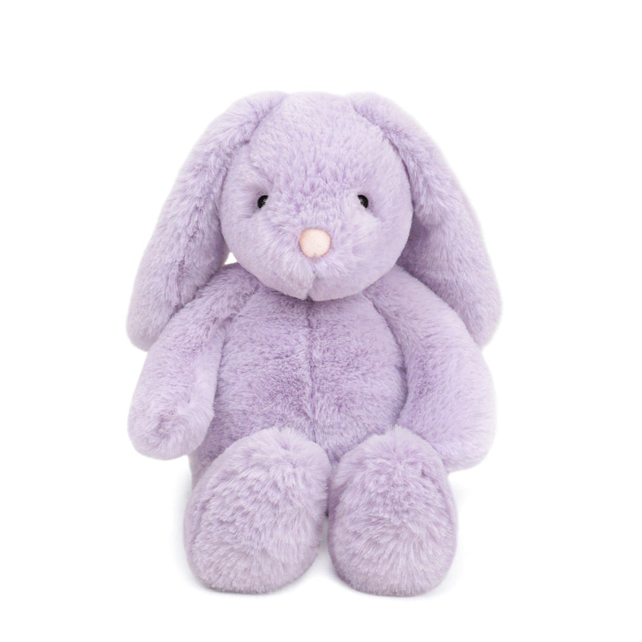 Lavender plush bunny toy sitting up.