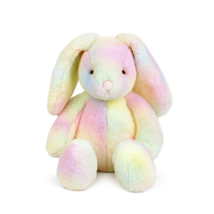 Pastel-colored bunny plush toy on a white background