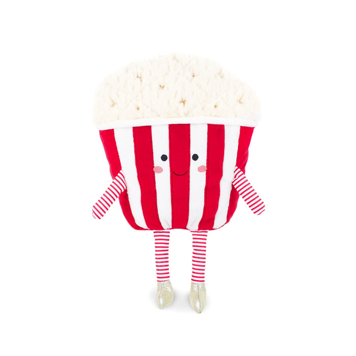 Stuffed popcorn plushie with striped arms and legs.