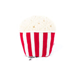 Plush popcorn bucket with red and white stripes.