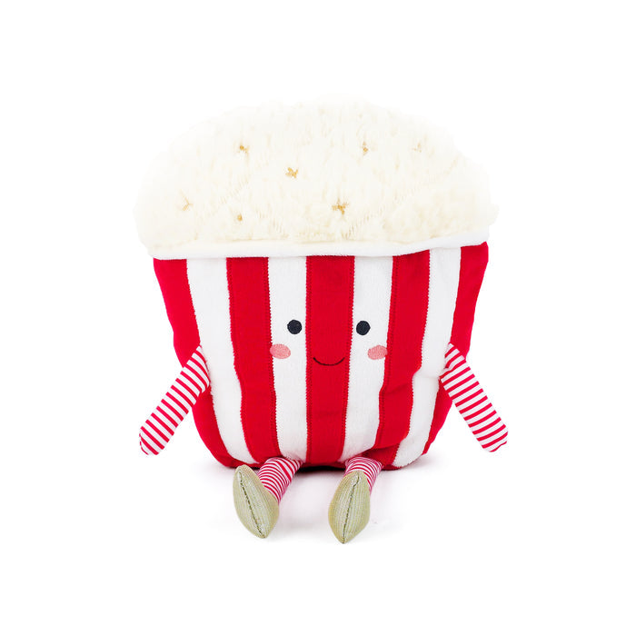 Stuffed popcorn plush toy with red and white stripes, smiley face, and striped limbs.