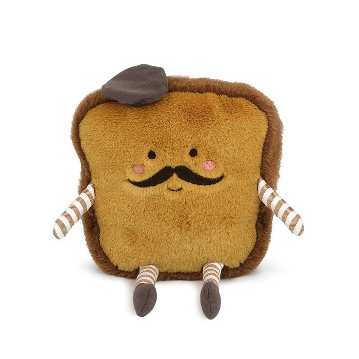 Stuffed plush toast with brown beret, mustache, and striped limbs.