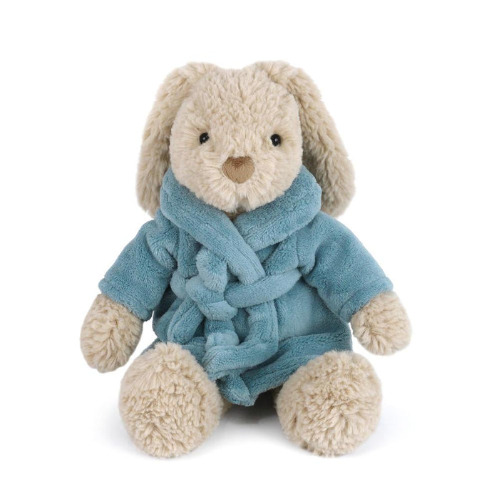 Stuffed bunny wearing a blue robe.