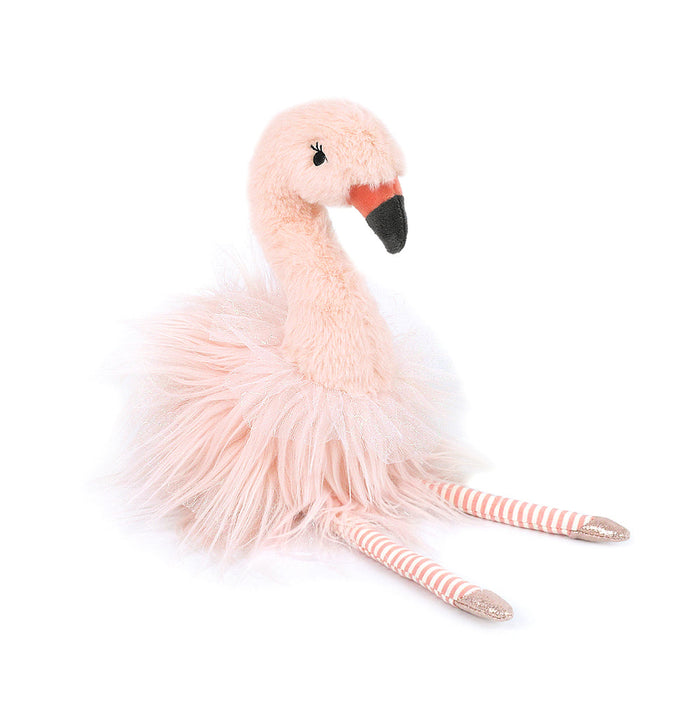 Plush pink flamingo toy with striped legs.