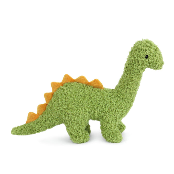 Stuffed green dinosaur toy with orange spikes.