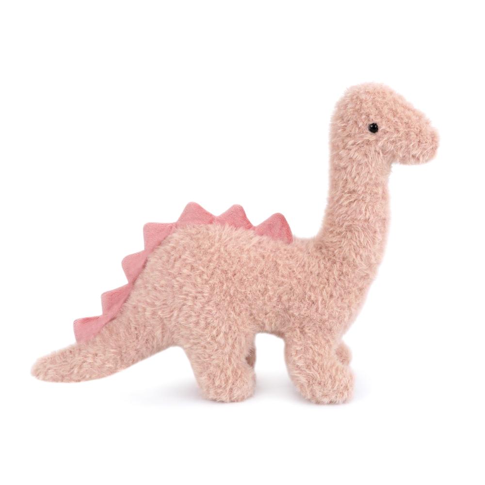 A pink, plush dinosaur toy with pink felt spikes.