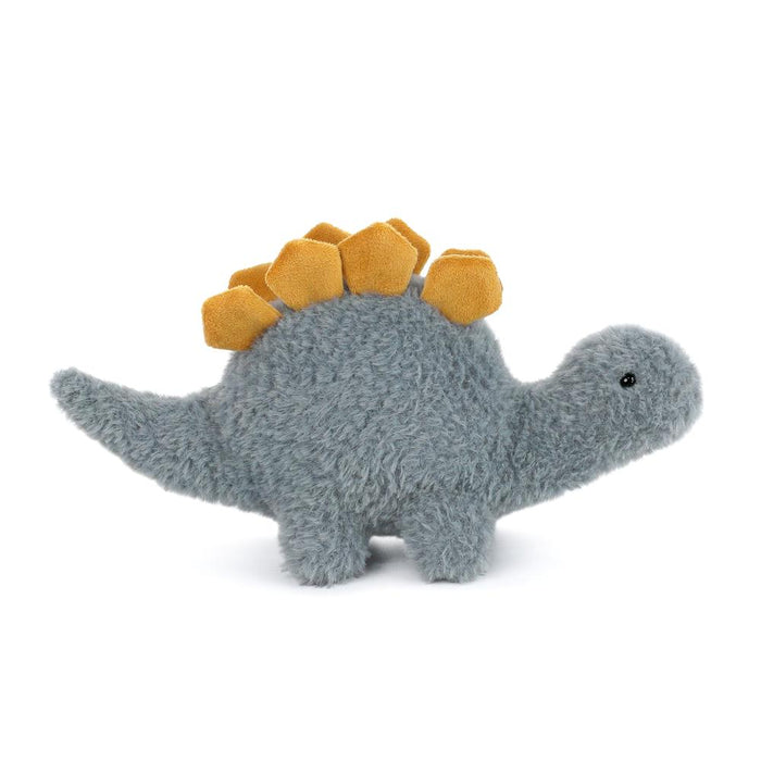 Gray plush Stegosaurus with gold back plates.