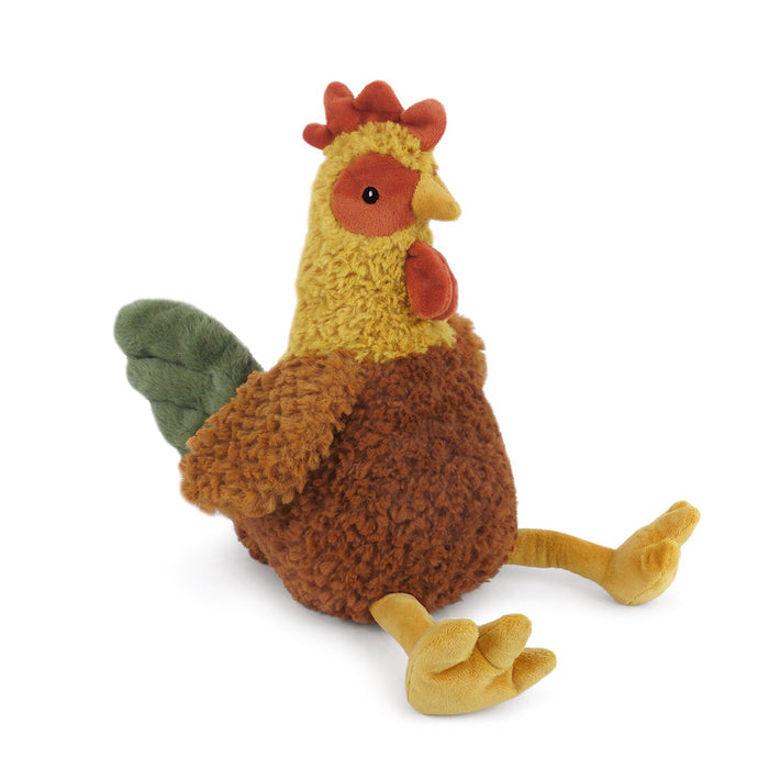 Stuffed rooster toy with brown body, yellow neck and head, red comb, and green tail.