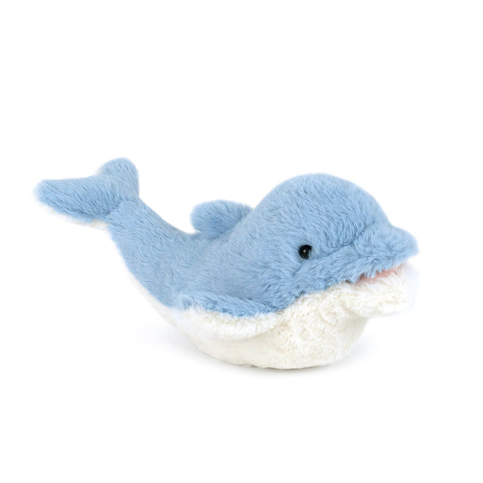Light blue and white stuffed dolphin toy.