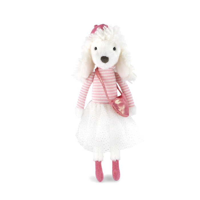 White stuffed animal with pink accents wearing a striped sweater and holding a pink bag on a white background