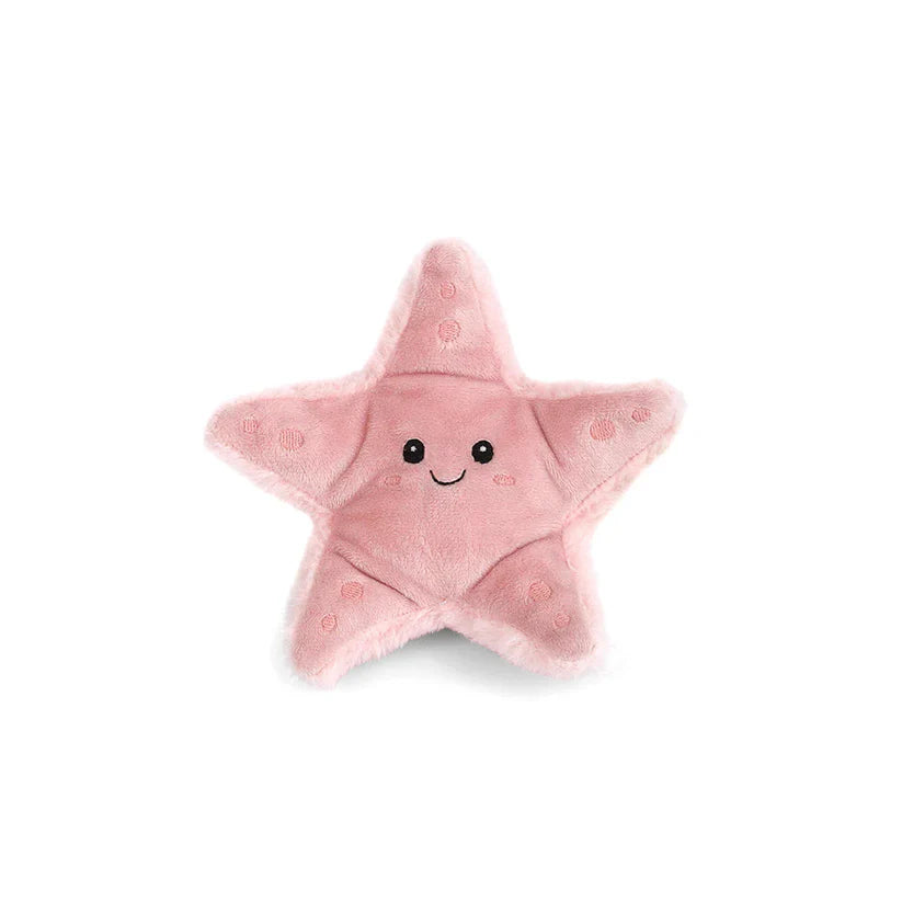 Pink star-shaped plush toy with a smiling face on a white background