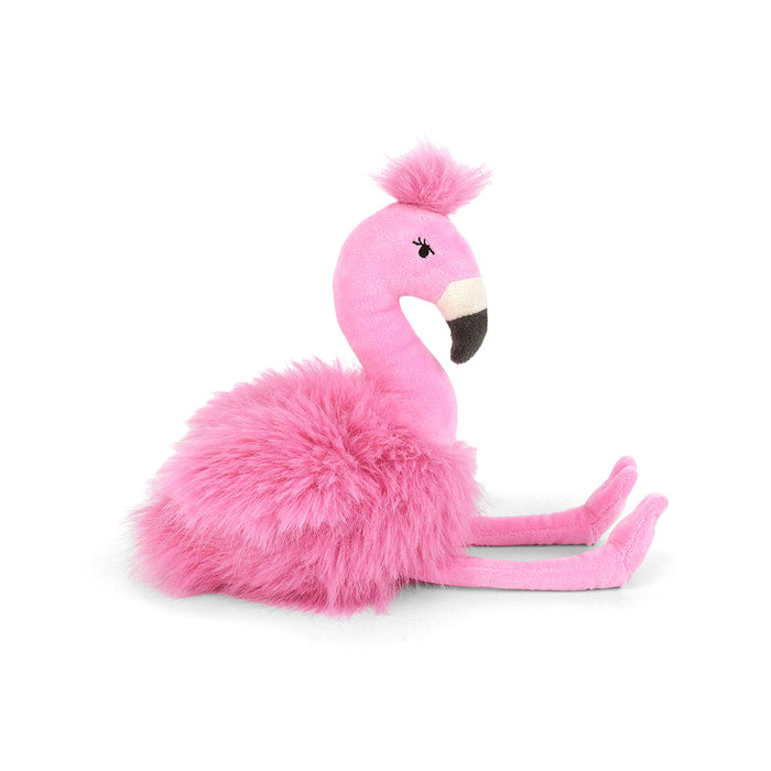 Pink plush flamingo toy on a white background