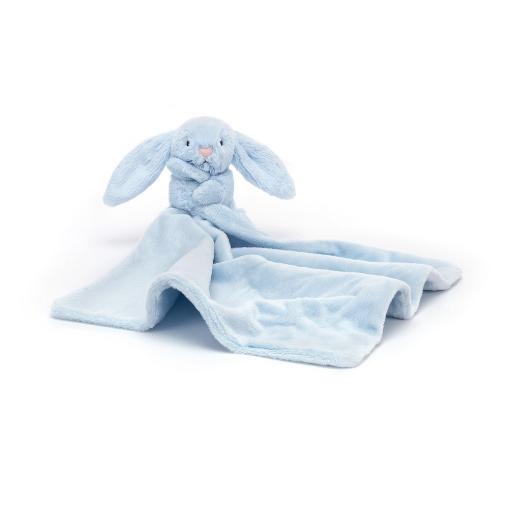 Blue plush bunny comfort blanket.