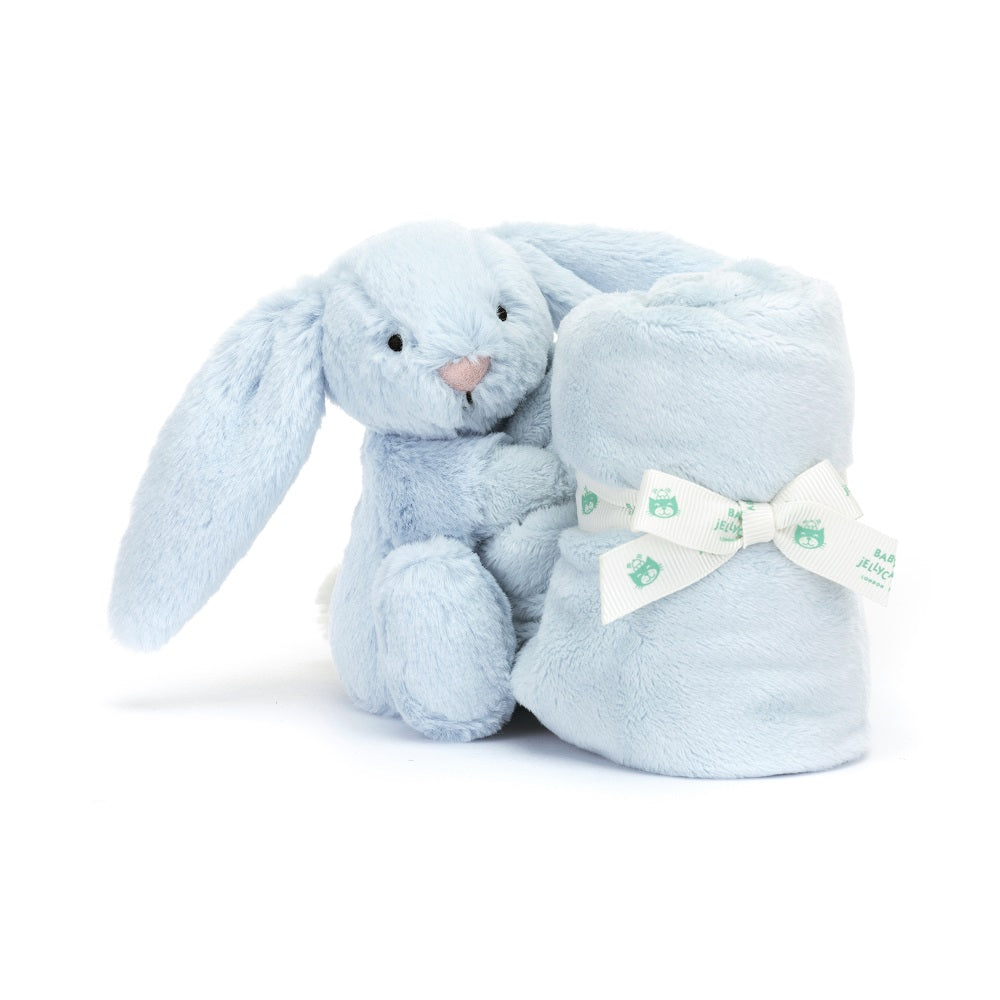 Light blue plush bunny with blanket tied with white ribbon.