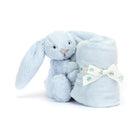 Light blue plush bunny with blanket tied with white ribbon.