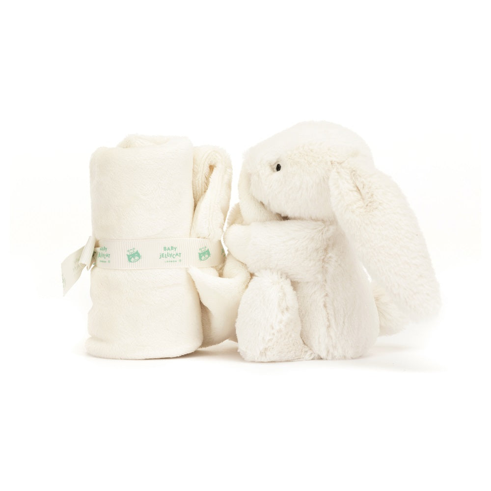 Ivory plush bunny and rolled blanket with "Baby Jellycat London" ribbon.