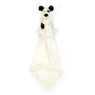 Black and white stuffed puppy comfort blanket.