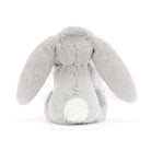 Rear view of a gray stuffed bunny with long ears and a white fluffy tail.