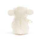 Rear view of a stuffed, cream-colored lamb with a short tail.