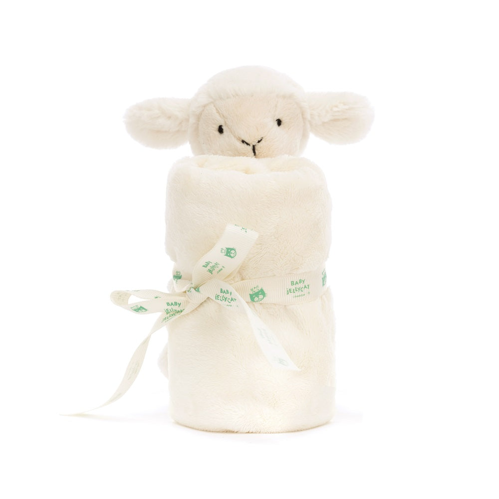 A plush cream-colored lamb toy wrapped in a matching blanket and tied with a Baby Jellycat ribbon.