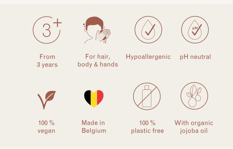 Product information icons about age, use, materials, and place of manufacture.