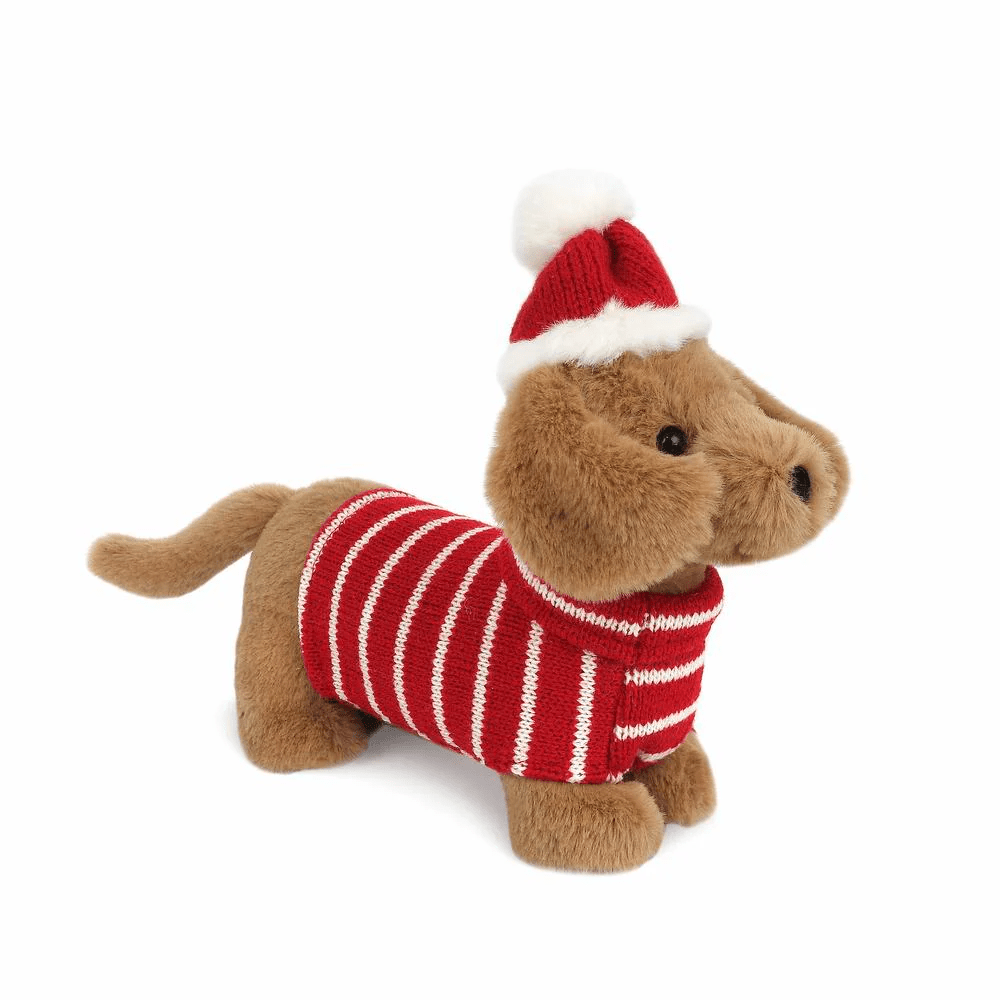 Stuffed dachshund toy wearing a red and white striped sweater and a red and white Santa hat.