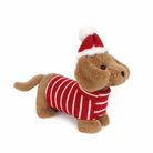 Stuffed dachshund toy wearing a red and white striped sweater and a red and white Santa hat.
