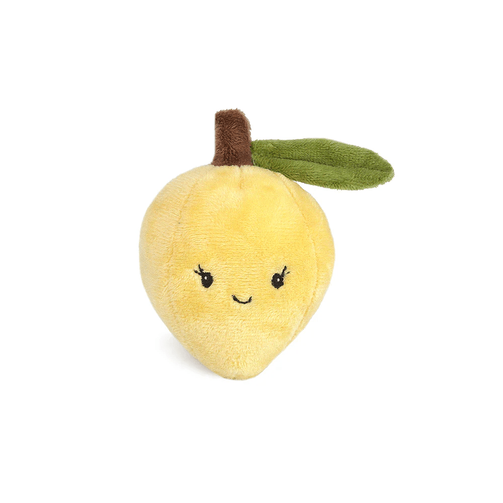 Stuffed yellow lemon toy with a brown stem, green leaf, and a cute face.