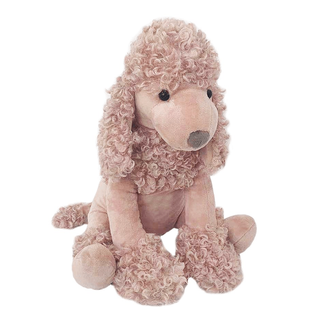 Stuffed pink poodle sitting upright.