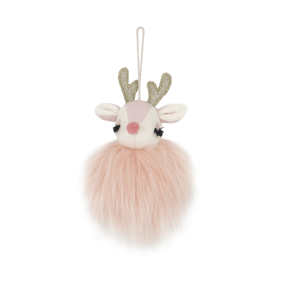 Pink reindeer plush ornament with gold antlers.