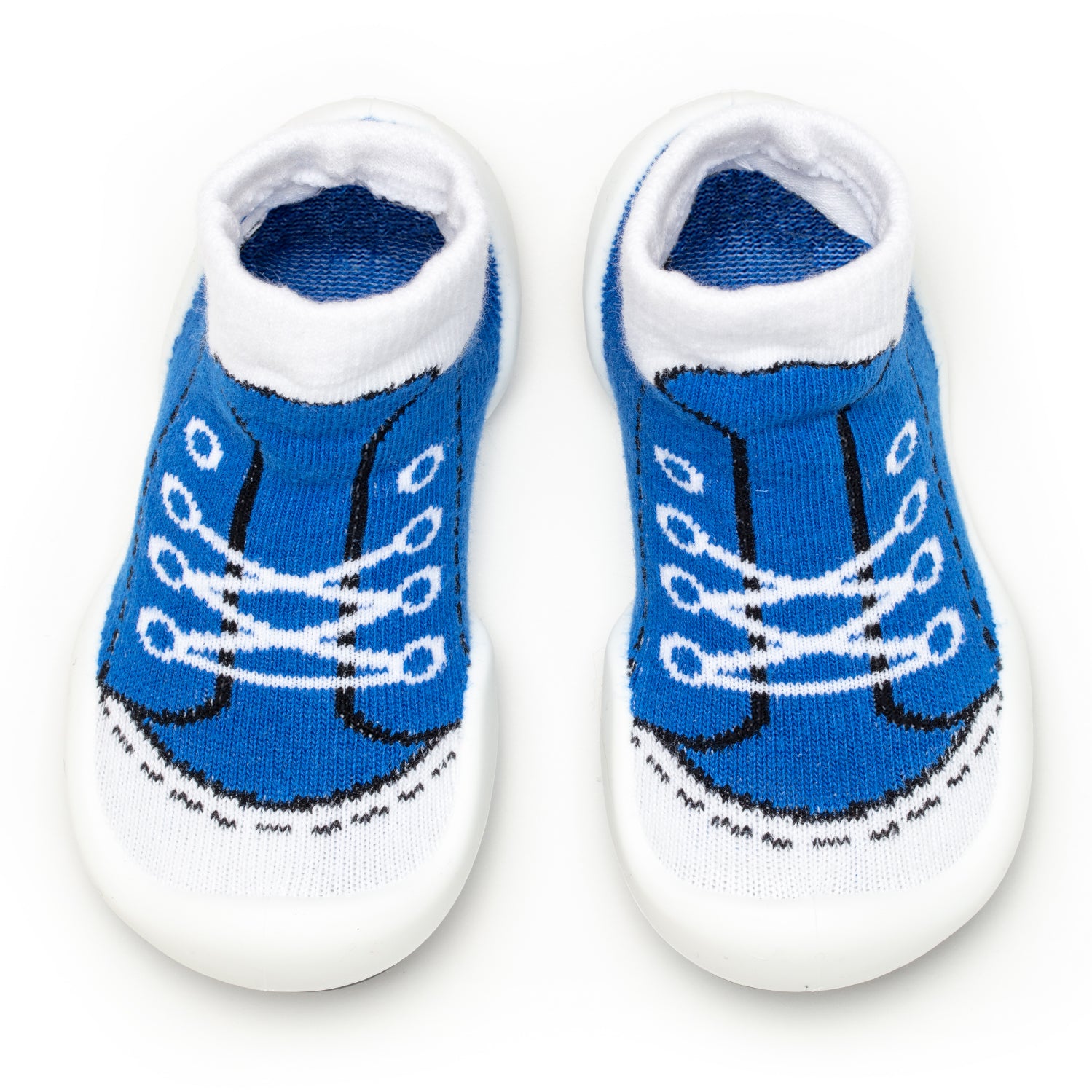 Pair of blue and white baby shoes with a sneaker design.