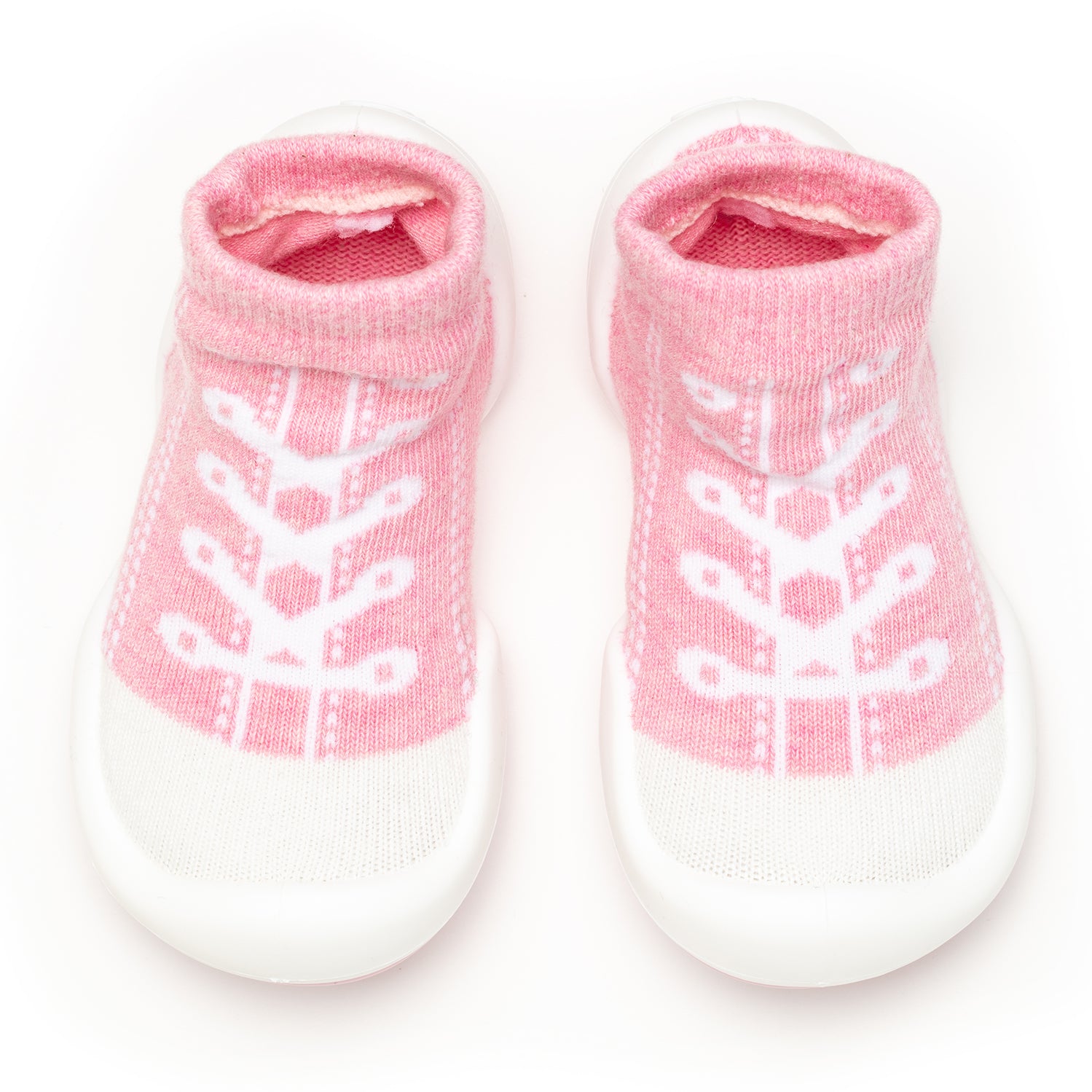 Pink and white baby sock shoes.