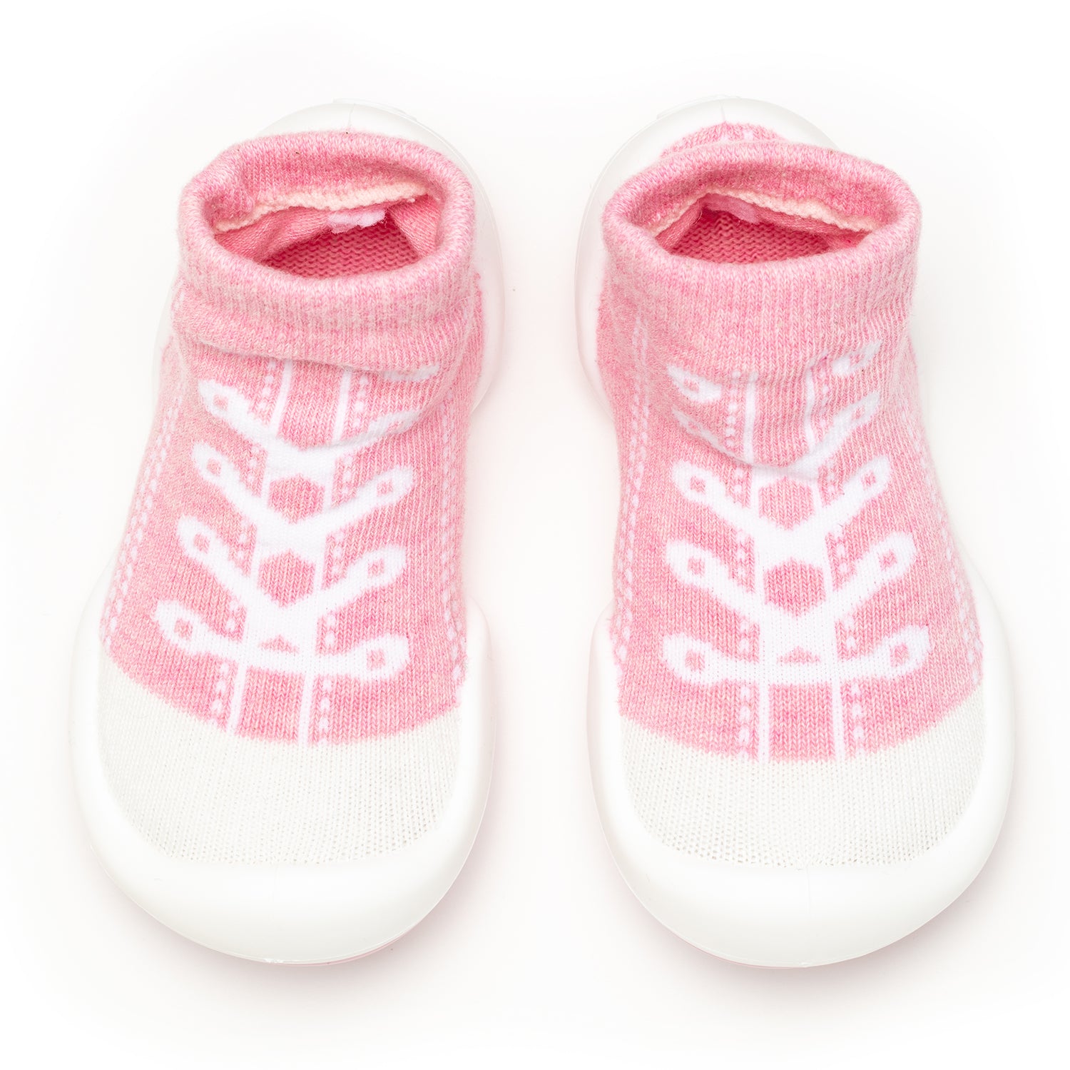 Pink and white baby sock shoes.