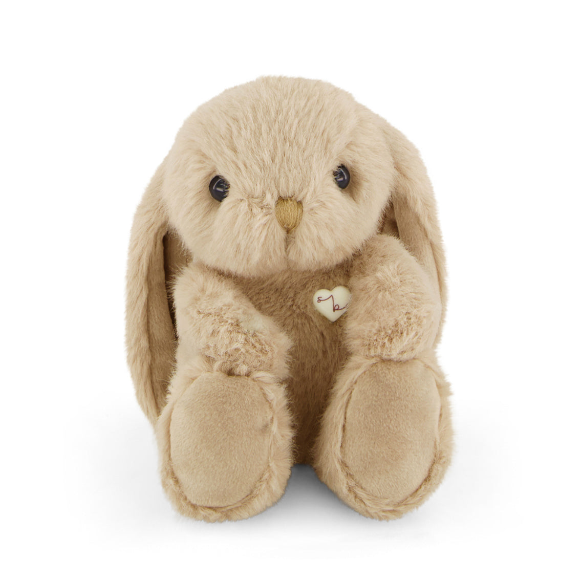Beige plush bunny toy with a heart tag on a white background