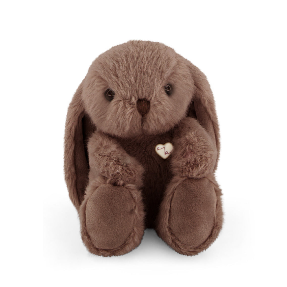 Brown plush bunny with a heart tag on a white background
