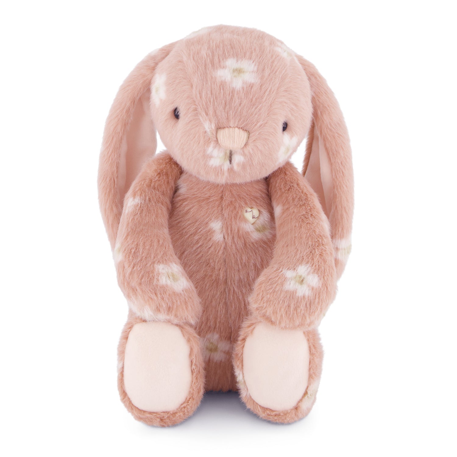 Floral-patterned plush bunny toy on a white background