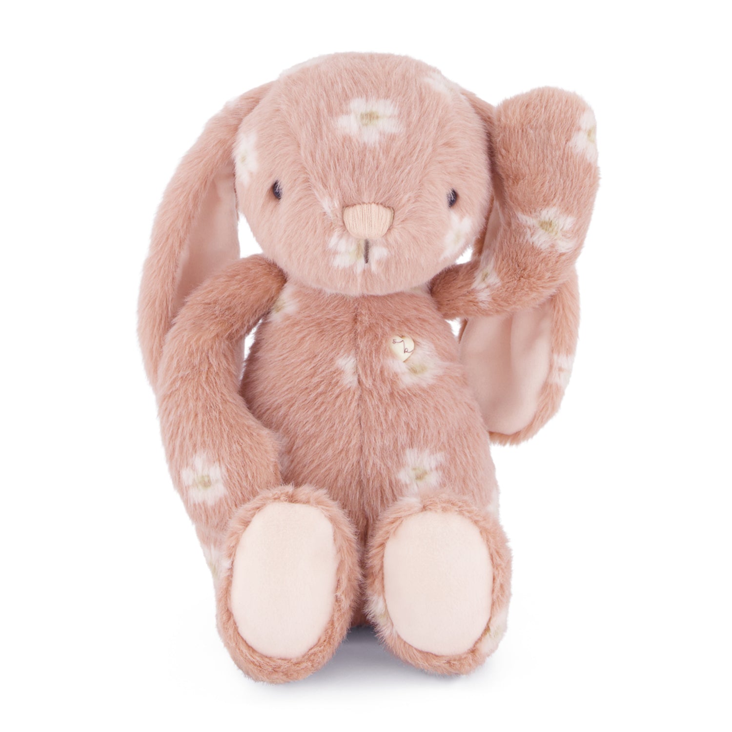 Plush toy rabbit with floral patterns on a white background
