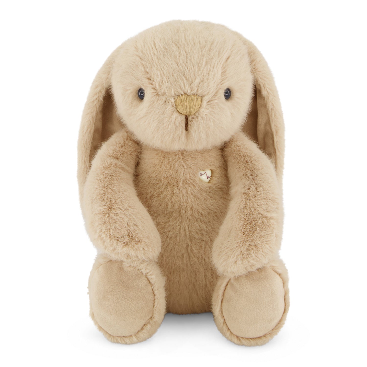 Plush toy rabbit with a heart button on a white background