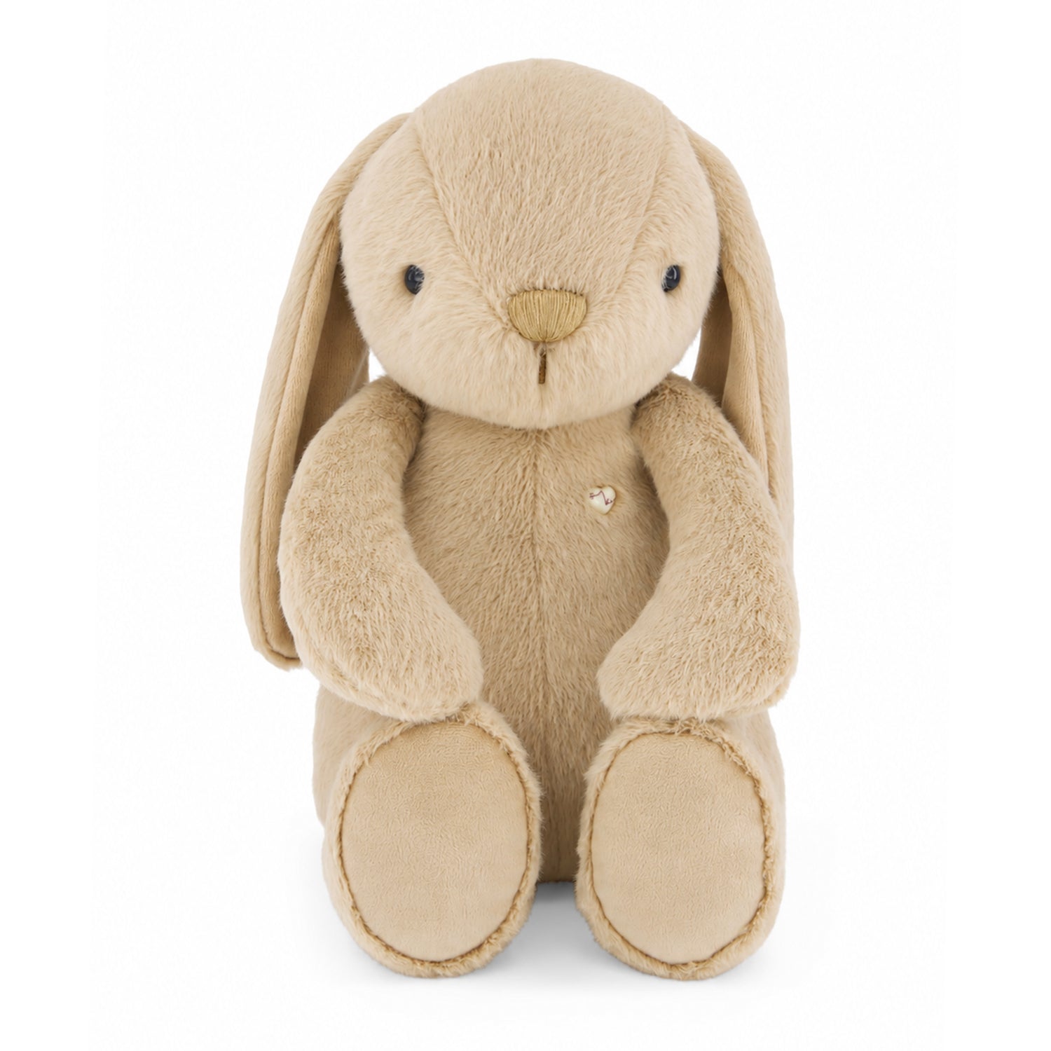 Plush toy rabbit with a heart button on a white background