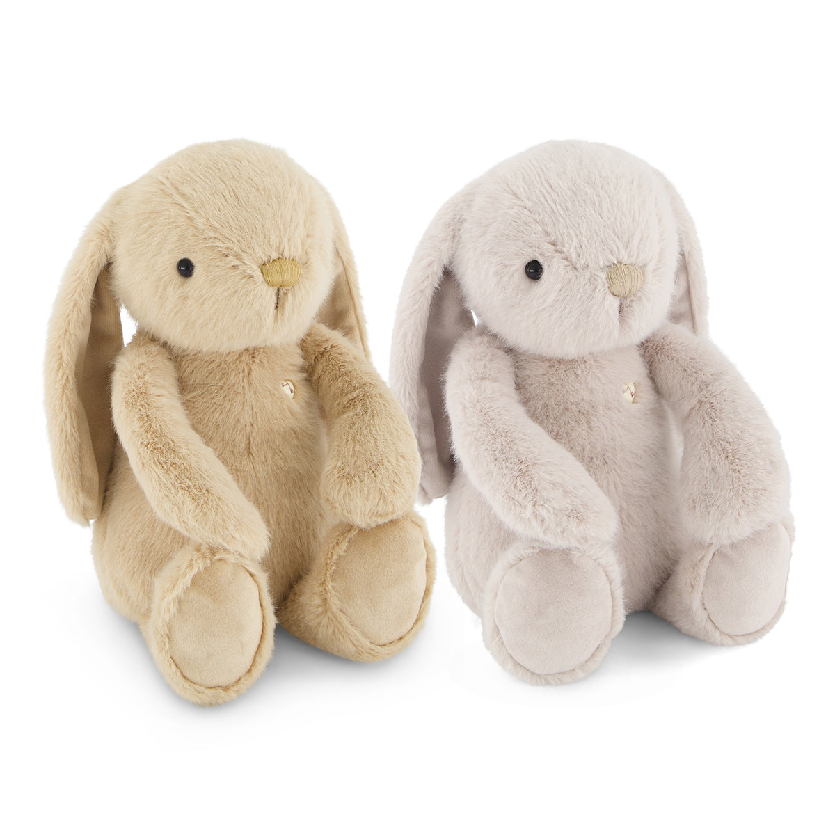 Two plush bunny toys on a white background, one in beige and one in light gray.