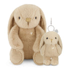 Two light brown plush bunny toys, the smaller of which is a keychain.