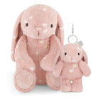 Two pink plush bunny dolls with white hearts.