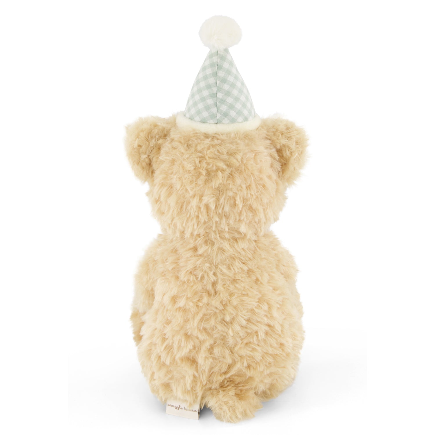 Beige plush teddy bear by Snuggle Bunnies wearing green gingham party hat with white pom-pom, back view