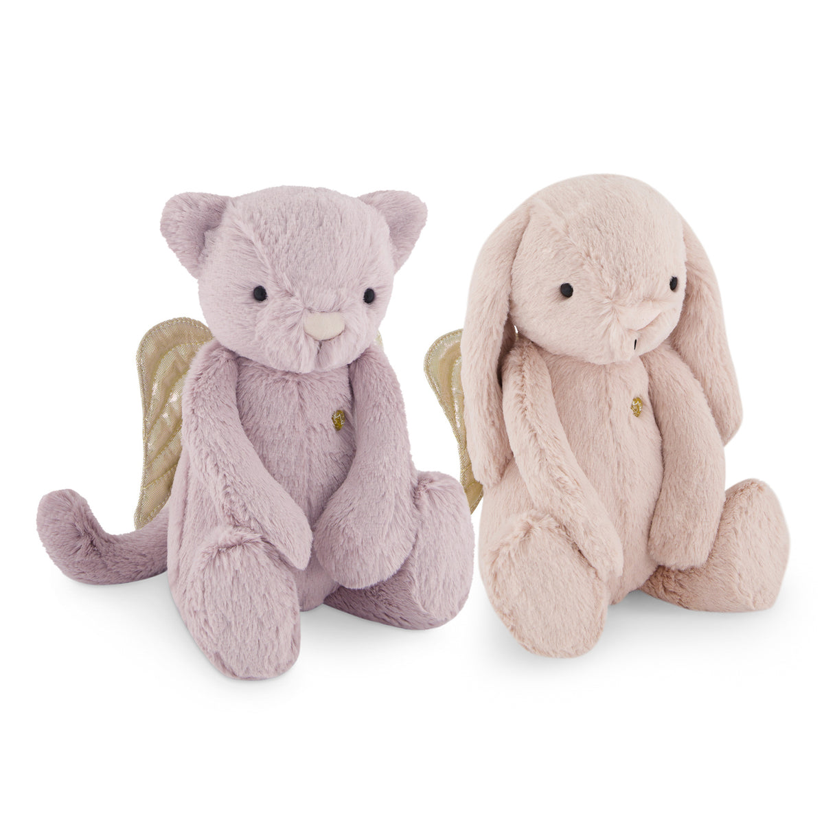 Two plush stuffed animals on a white background: a lavender cat with small gold wings and a pale pink bunny with small gold wings.