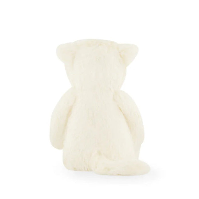 Back view of a cream-colored, plush, stuffed animal toy.