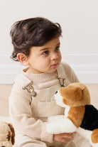 Baby in beige overalls with a plush dog.