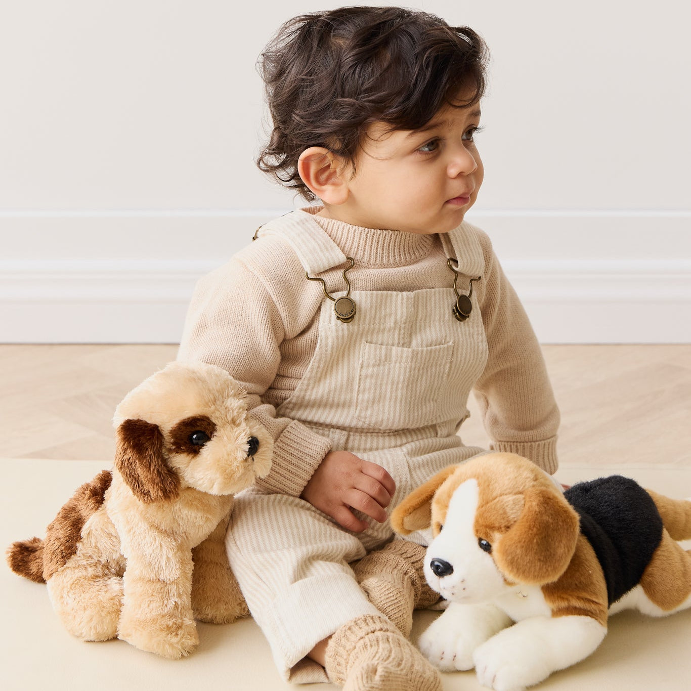 Baby in overalls with two stuffed dogs.