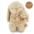 Two tan plush bunny toys, one holding the other.