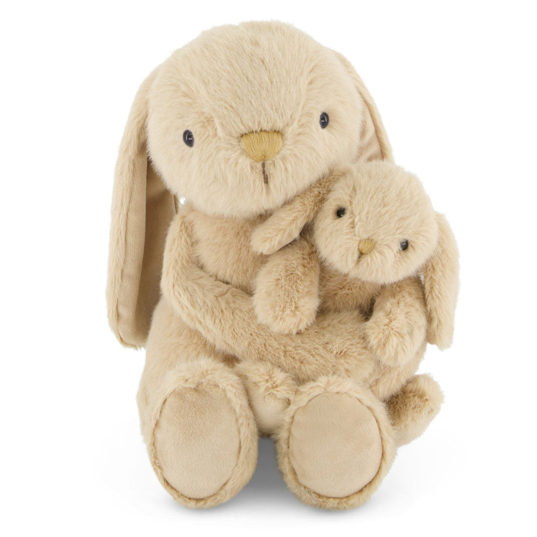 Stuffed tan rabbit with a baby rabbit.