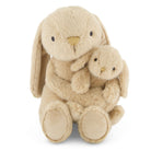 Stuffed tan rabbit with a baby rabbit.